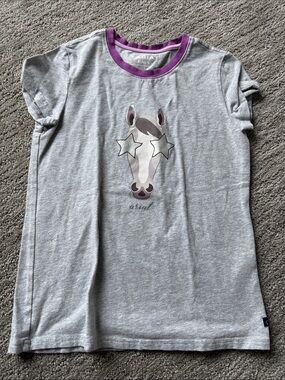 Kids Ariat Gray Tee with Purple Trim and Star-Eyed Horse Graphic